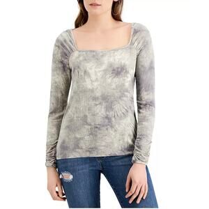 Fever Purple Grey Tie Dye Long Sleeve Square Neck Ribbed Top Womens Large New